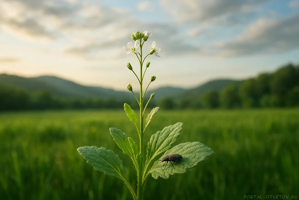 Арабидопсис (резуховидка) с сидящим на листе жуком
