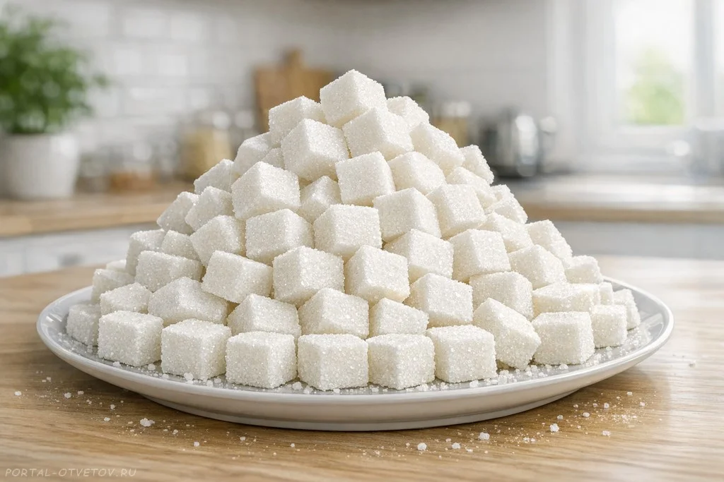 Гора из кубиков сахара на тарелке