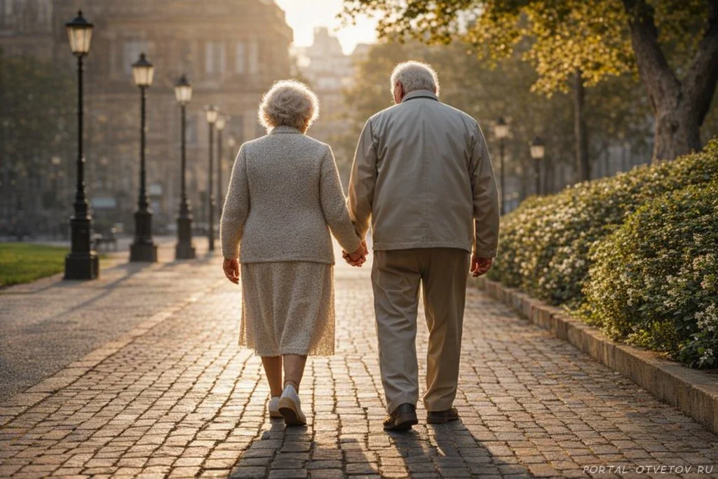 Бабушка с дедушкой идут под ручку по красивому вечернему городскому парку