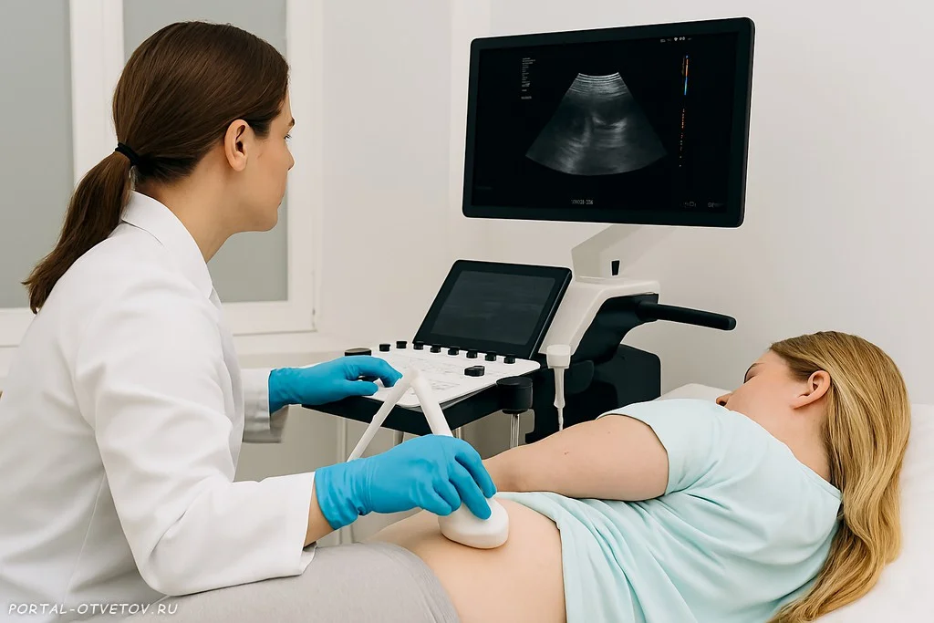 Врач делает УЗИ почек беременной женщине