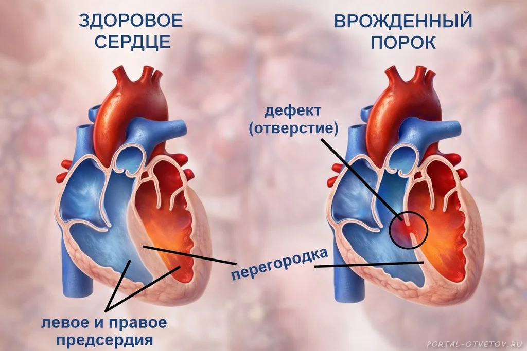 Здоровое сердце и сердце с врожденным пороком